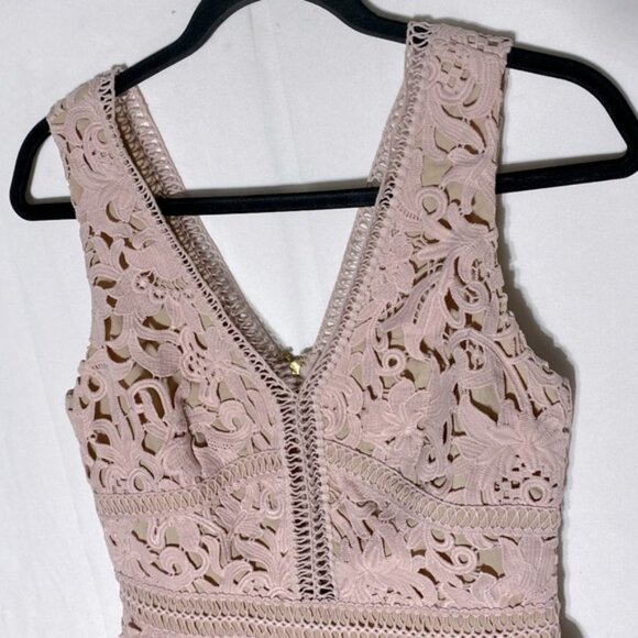 SOLD-New Look Premium Nude Blush Lace Overlay Sleeveless Mini Dress 6 - Picture 8 of 14